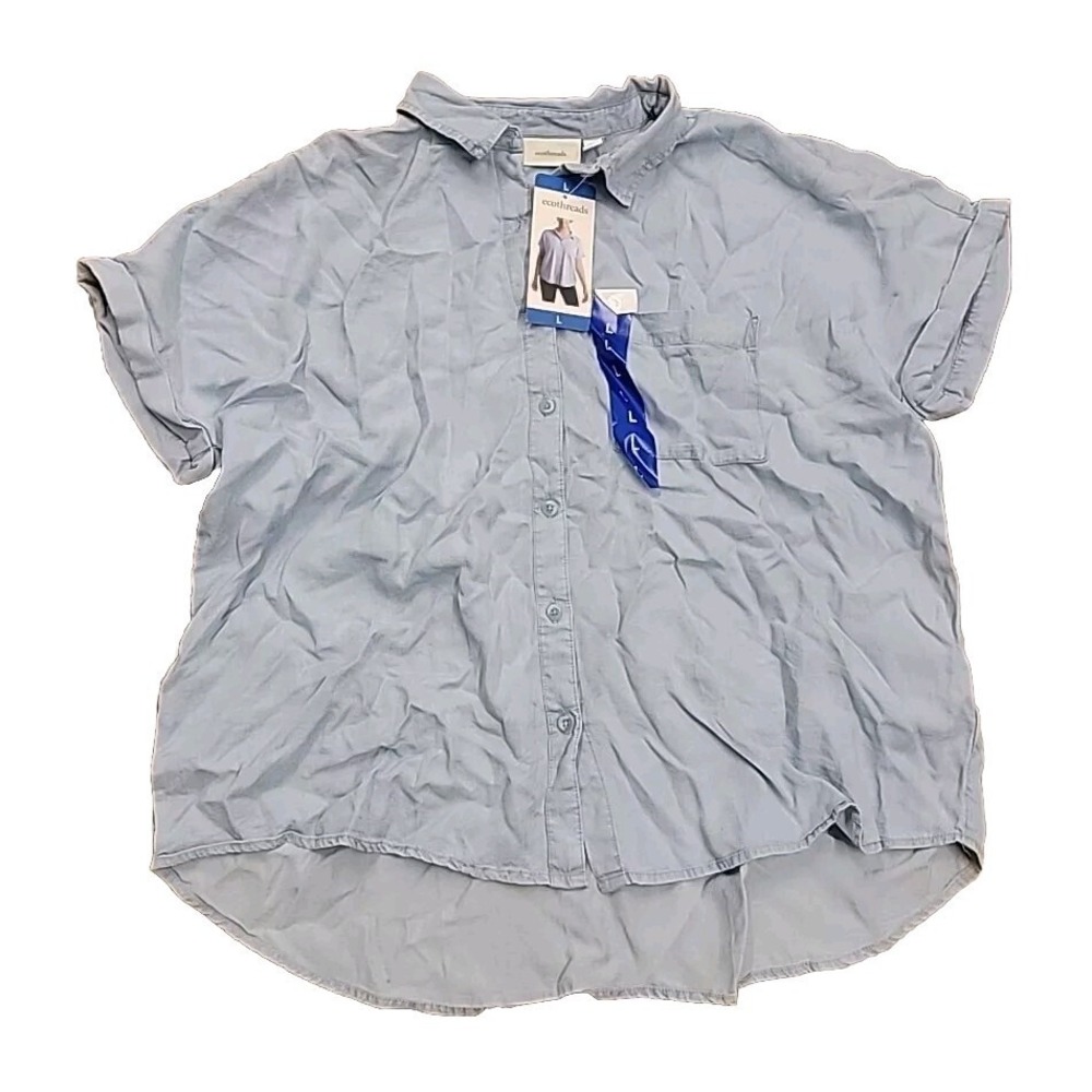 Ecothreads Women's Button-Up Chest‎ Pocket Short Sleeves Shirt, Blue, Size L